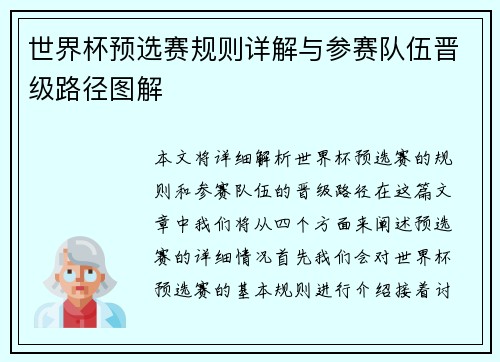 世界杯预选赛规则详解与参赛队伍晋级路径图解
